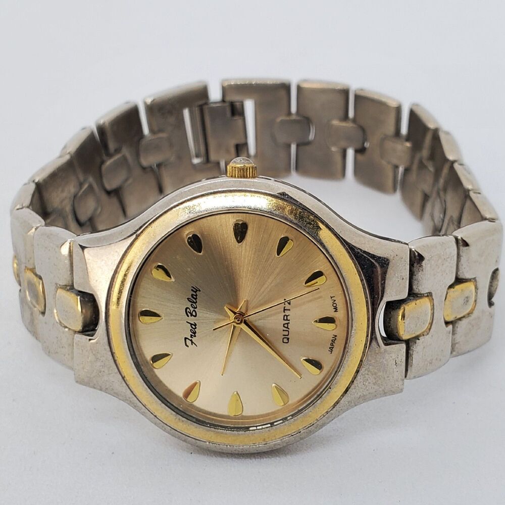 Fred Belay Women's Watch 34MM Gold Dial Two Tone Bracelet Band 7.5"‎ New Battery